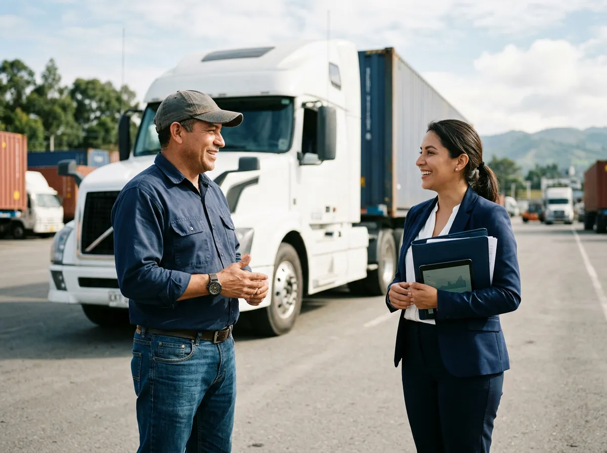 Asesora de TractoSerguro conversando con un transportador junto a su tractocamión