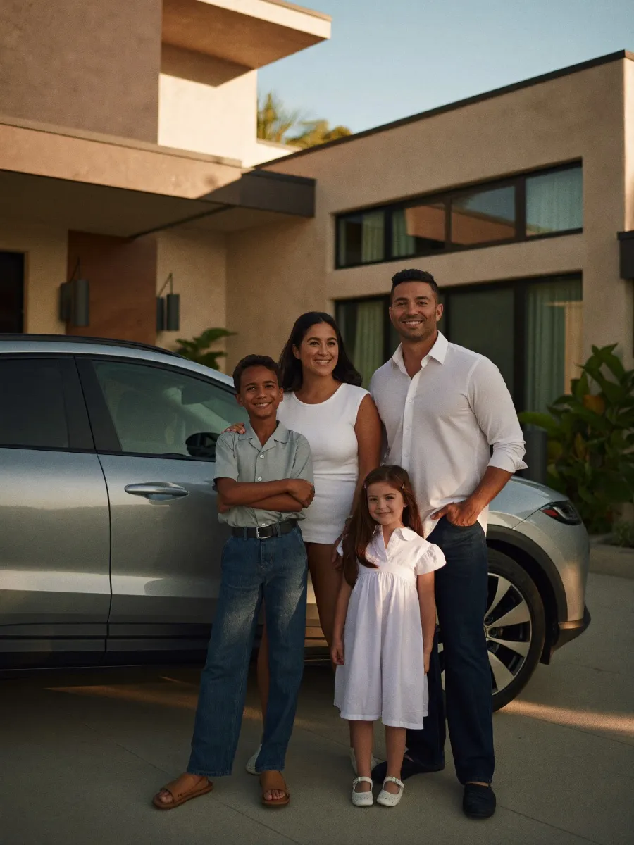 Familia junto a su vehículo frente a su casa al atardecer